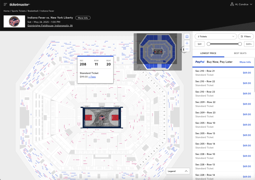 Screenshot of Ticketmaster map of NY Liberty game with one ticket highlighted on the map.