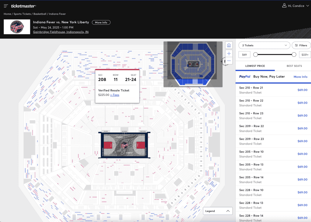 Screenshot of Ticketmaster map of NY Liberty game with one ticket highlighted on the map.