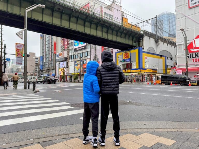Boys in down jackets at an intersection in Akihabara, Tokyo. It's a cloudy day and there are few people on the sidewalks. Tall buildings with colorful signs across the street, along with an aboveground metro line.