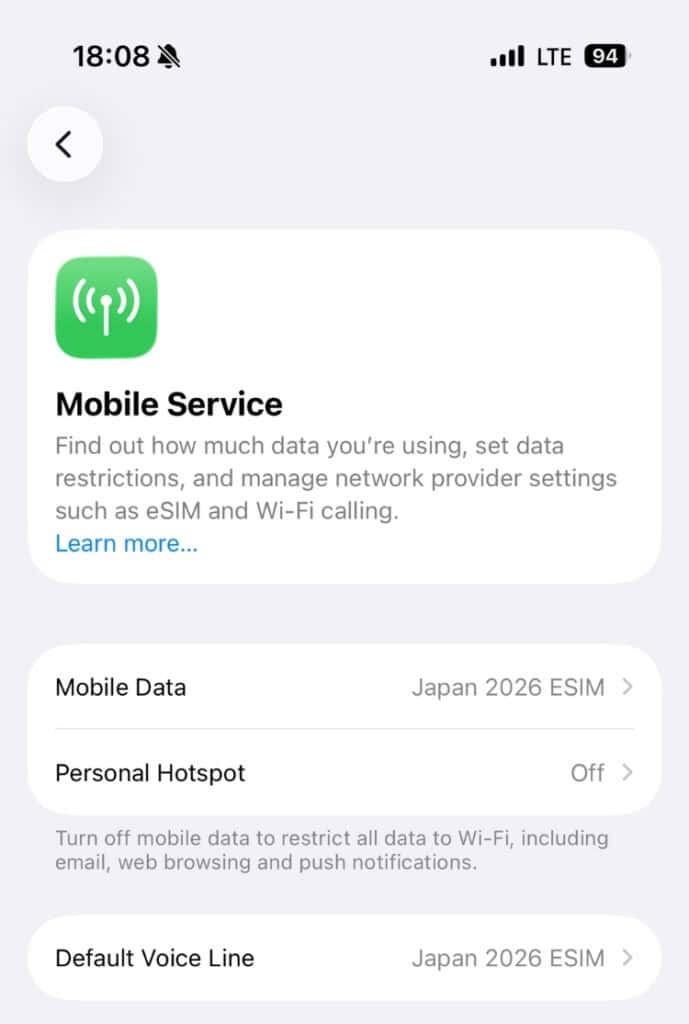Screenshot of a mobile phone with info on ESIM and personal hotspot.