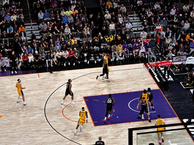 Lebron James shoots a long two-pointer in a game against the Phoenix Suns in Arizona.
