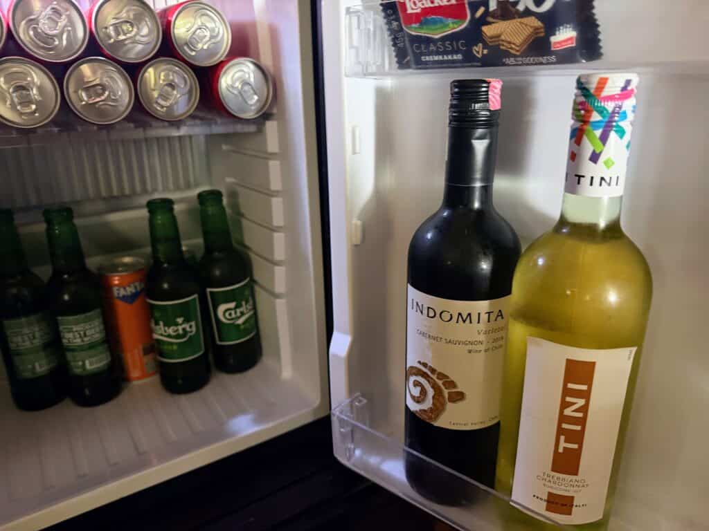 Wine, beer and soft drinks inside mini bar in the Maldives.