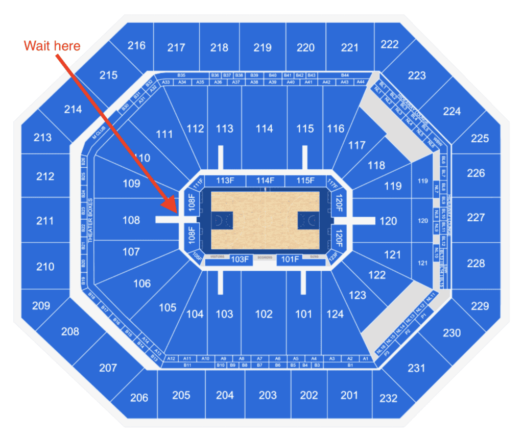 Seating chart of arena where Phoenix Suns play with red arrow pointing to corner of section 108 with text, 'Wait here.'