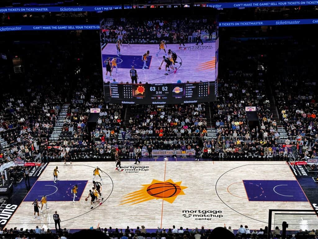 View of the court and digital display at the Mortgage Matchup Arena in Phoenix, Arizona. The Phoenix Suns are playing the LA Lakers.