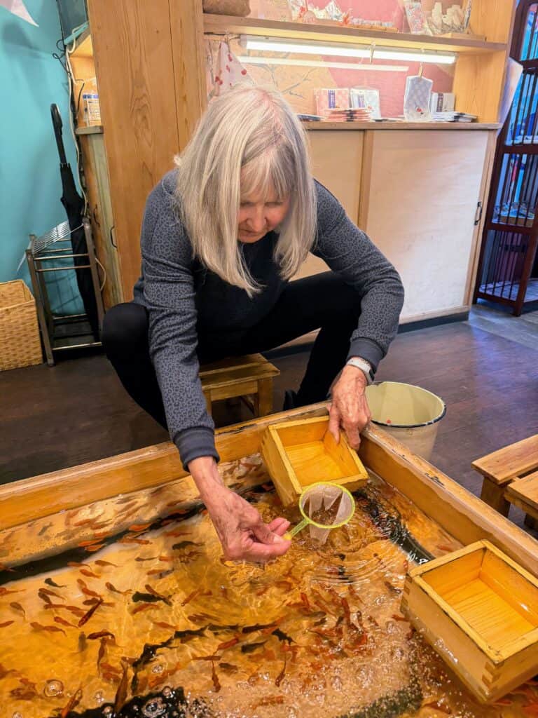 Woman with grey hair sits on stool and leans toward a fish pond inside a room. She is holding a net and a wooden box to put the fish in.
