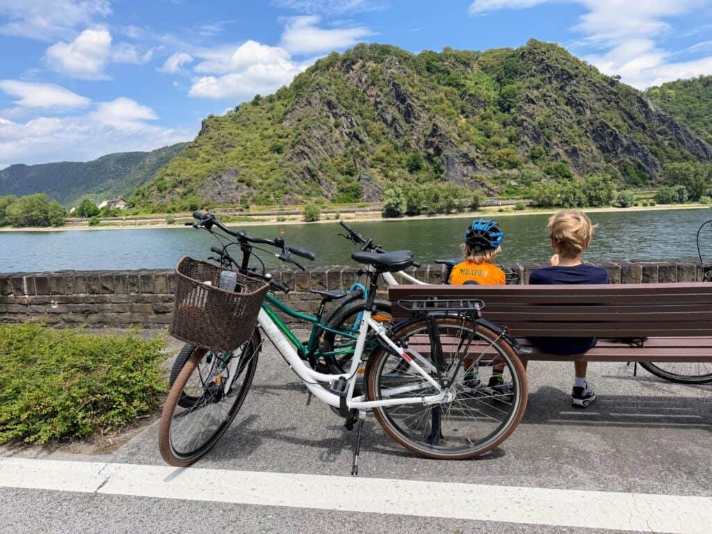 Boys sit on a wooden bench with the Rhine River in front of them. Their bicycles and another bicycle are next to them. Rocky, green hillside on the other side of the river.