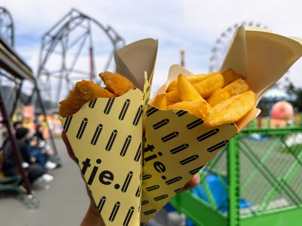 Paper cones of fish and chips with rollercoasters in background.